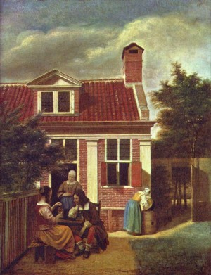Figures in a courtyard behind a house